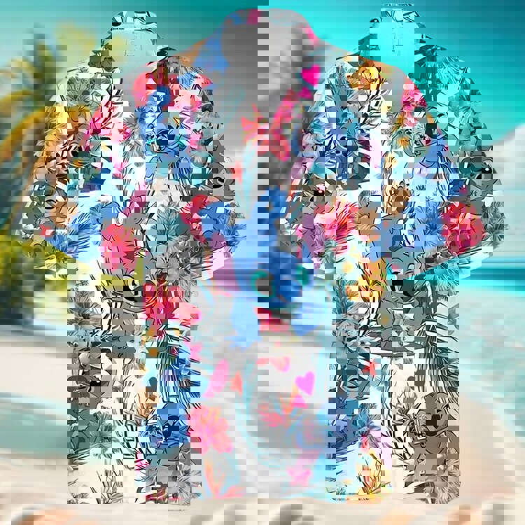 Lovely stitch disney cartoon graphics hibicus all over print 3d hawaiian shirt Hawaii Shirt Shorts & Flip Flops