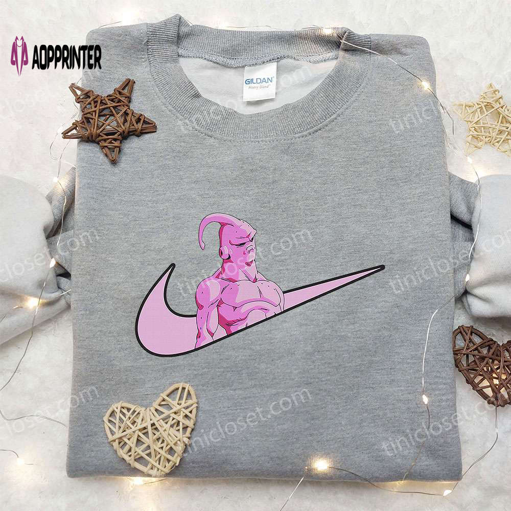 Majin buu x nike swoosh anime hoodie & dragon ball embroidered shirt nike inspired apparel Embroidered Shirt