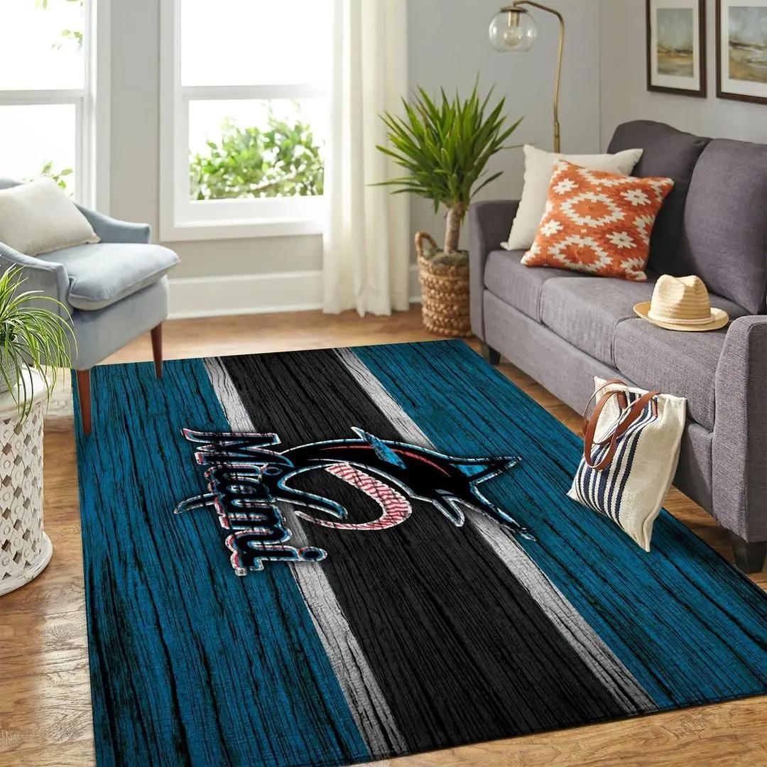 Miami marlins wooden area rug mlb team logo carpet living room rugs v3675 Rectangle Rug