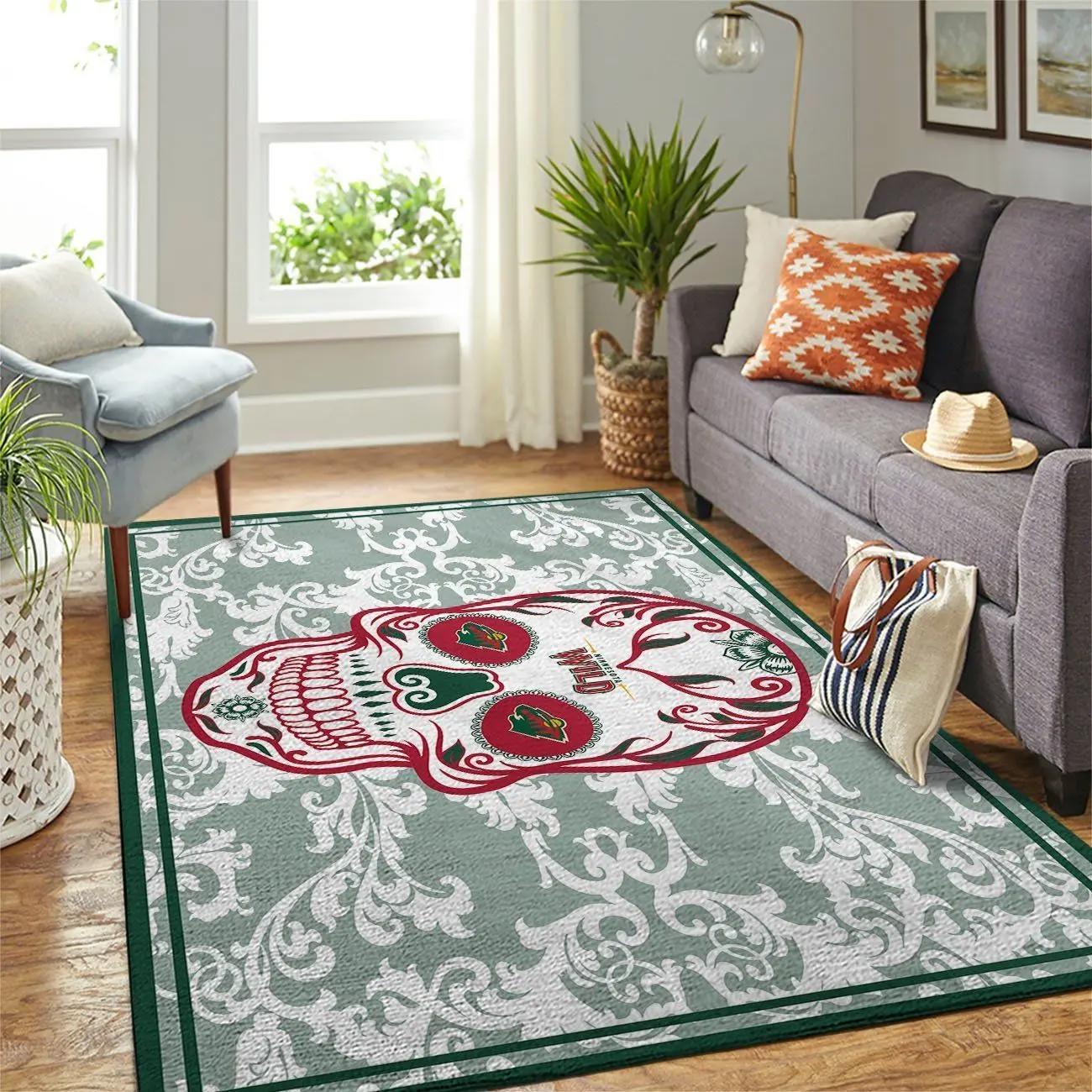 Minnesota wild nhl area rugs skull flower style living room regtangle carpet Rectangle Rug