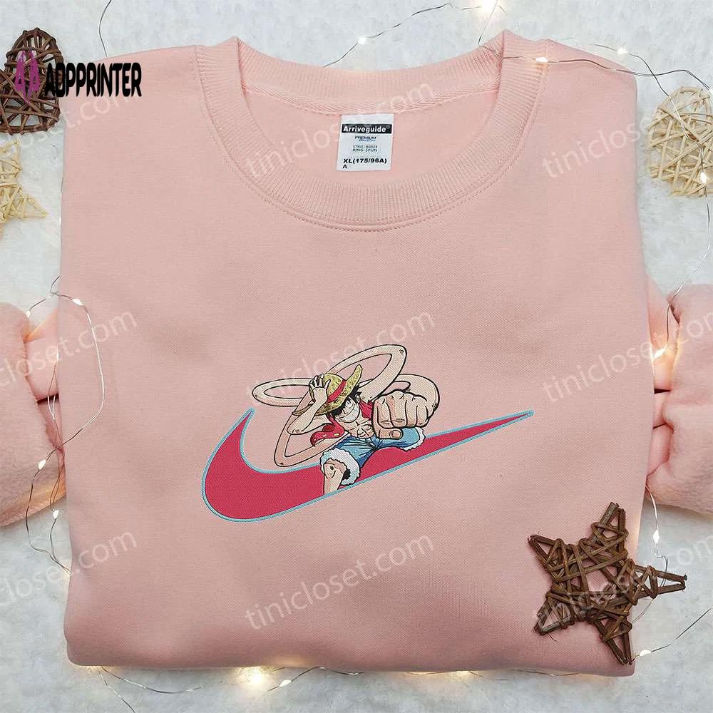 Monkey d luffy x nike swoosh anime hoodie: one piece embroidered shirt nike inspired – shop now! Embroidered Shirt