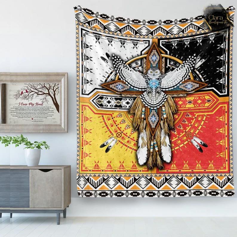 Native american great horned owl mandala fleece blanket, mink sherpa blanket, gift for american people, native american blanket Quilt Blanket