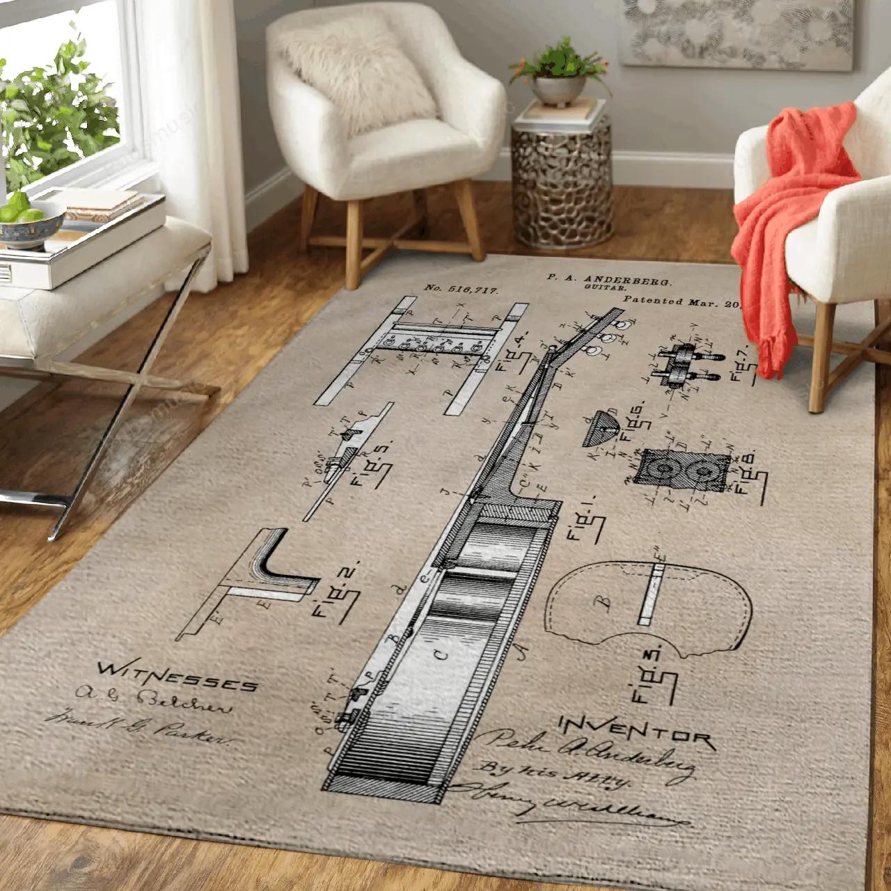 Patent art anderberg 1894 guitar patent music art for fans area rug living room carpet rug regtangle carpet floor decor home decor Rectangle Rug