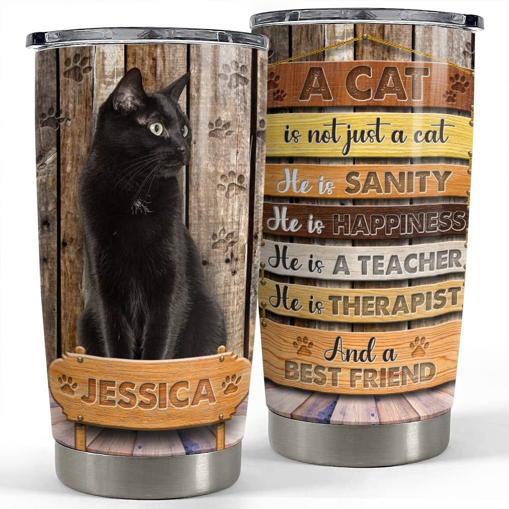 Personalized black cat tumbler inspiration wood style for animal lover Personalized Tumbler
