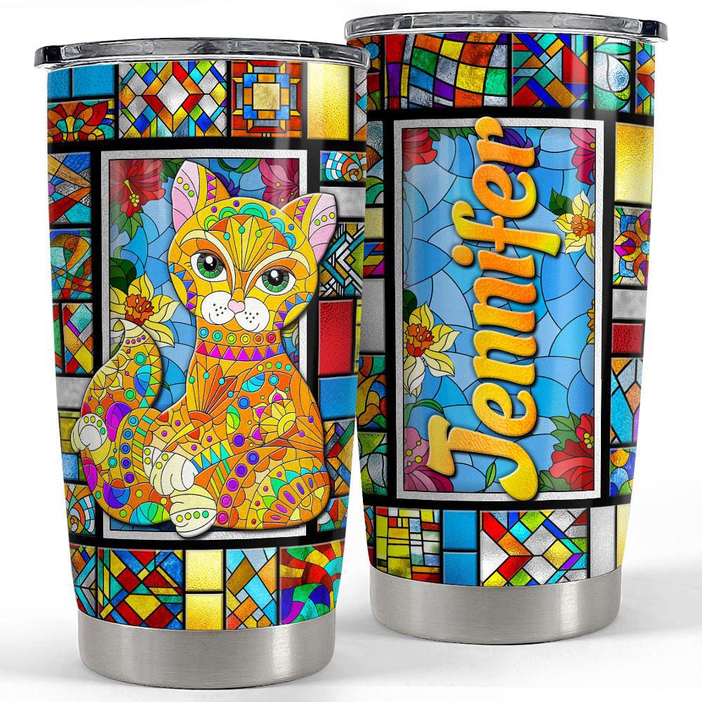 Personalized cat tumbler with customize name stained glass drawing Personalized Tumbler