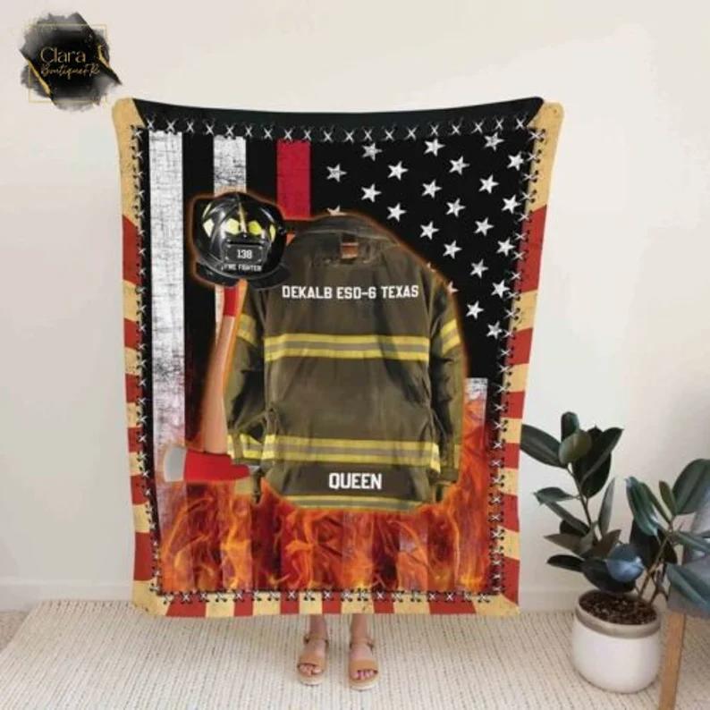 Personalized name firefighter usa fleece blanket, mink sherpa blanket, father's day gift, firefighter blanket, hero blanket Quilt Blanket