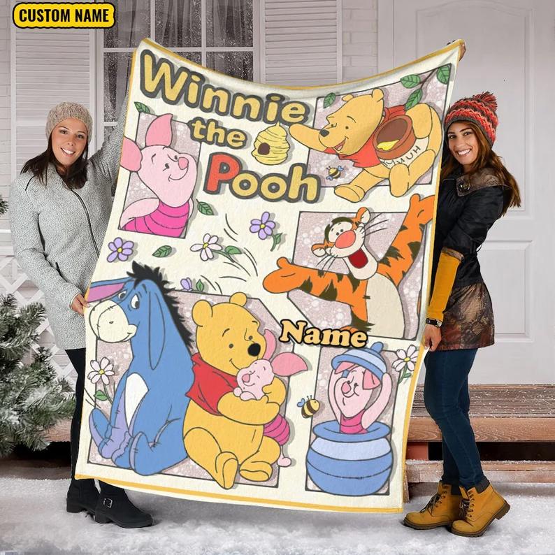 Personalized name winnie the pooh blanket, cute pooh and friends blanket, custom blanket, disney world fleece mink sherpa blanket Quilt Blanket
