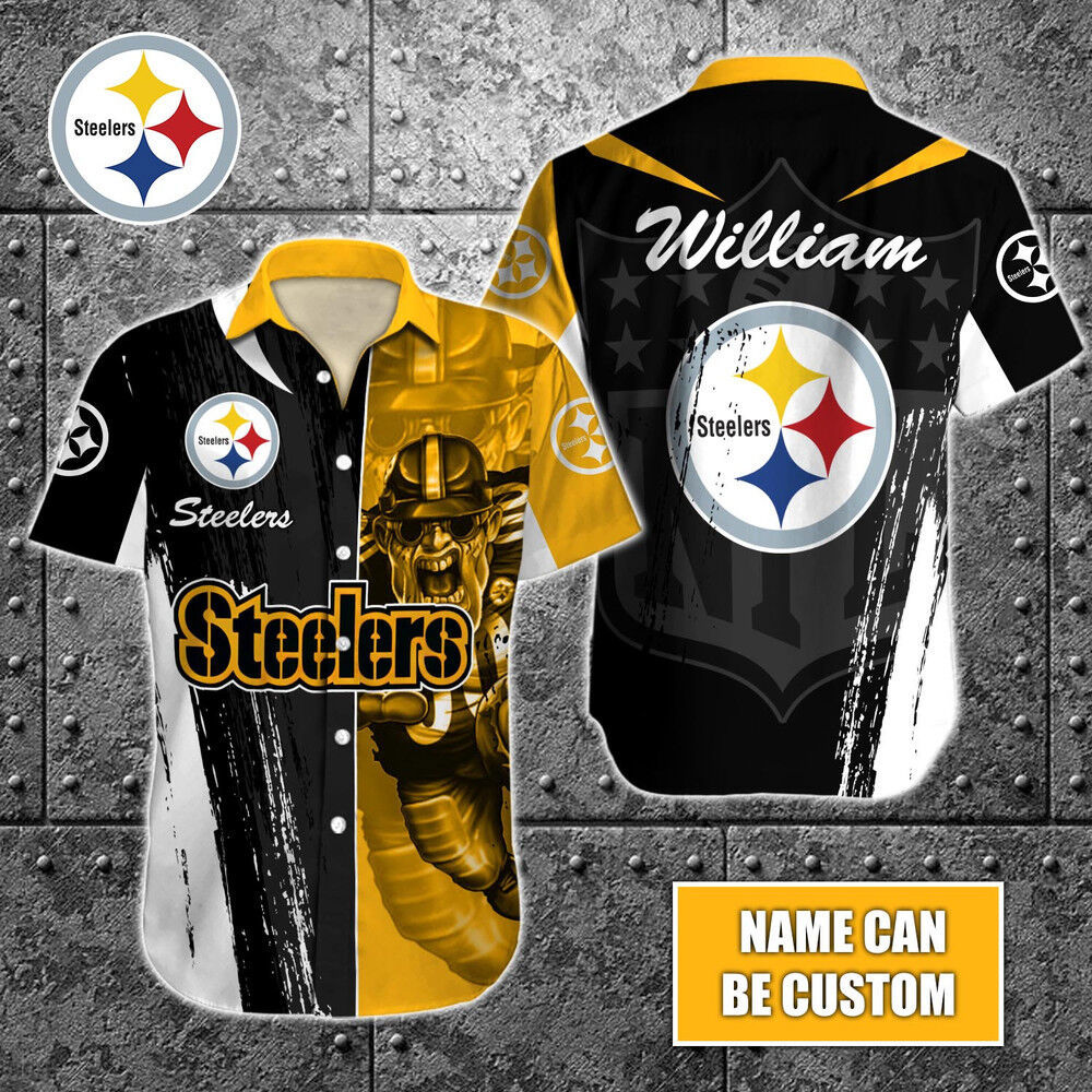 Personalized nfl pittsburgh steelers special half tone-mascot hawaiian button shirt Hawaii Shirt Shorts & Flip Flops
