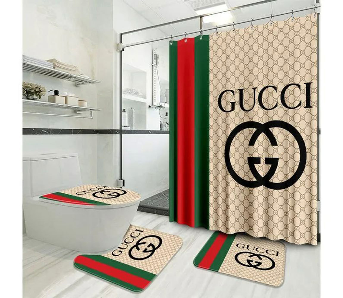Rugs in living room and bedroom - Gucci beige stripe bathroom set hot 2023 luxury shower curtain bath rug mat home decor 208 Bathroom Accessory Sets