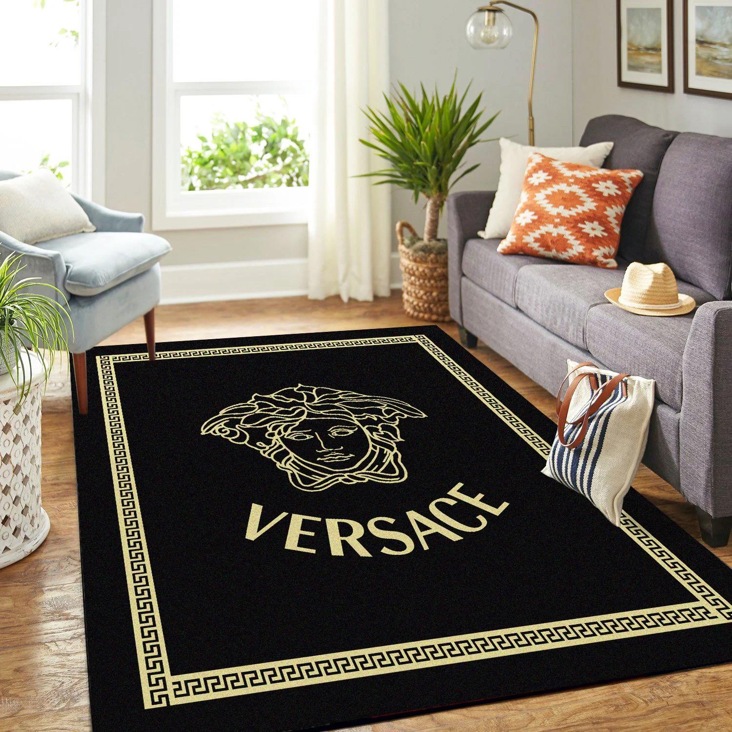 Rugs in living room and bedroom versace black luxury brand premium logo area rug carpet home decor Rectangle Rug