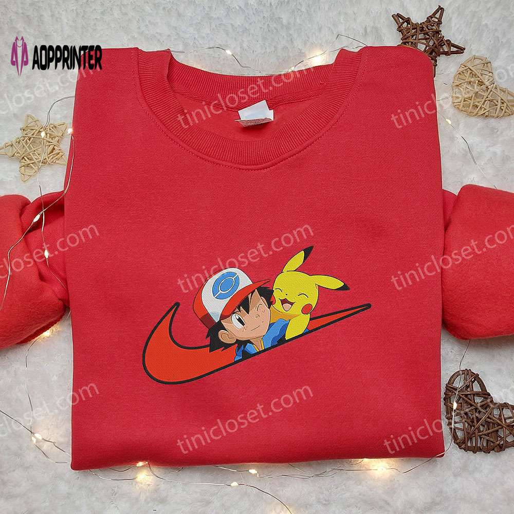 Satoshi & pikachu x nike swoosh anime hoodie pokemon & nike inspired embroidered shirt Embroidered Shirt