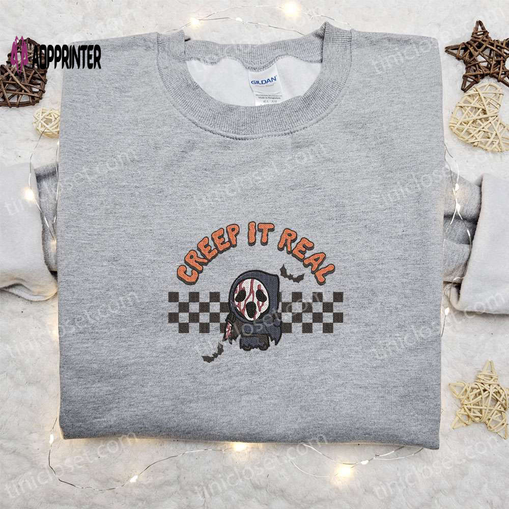 Spooky creep it real ghostface hoodie & scream t-shirt – best halloween gift ideas Embroidered Shirt