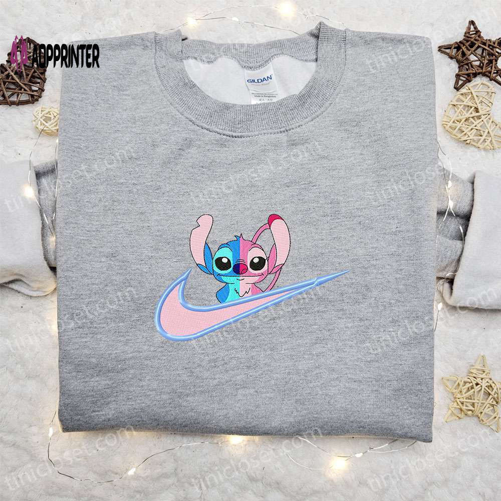 Stitch angel couple love x nike swoosh cartoon embroidered shirt – perfect lilo and stitch gift for family Embroidered Shirt