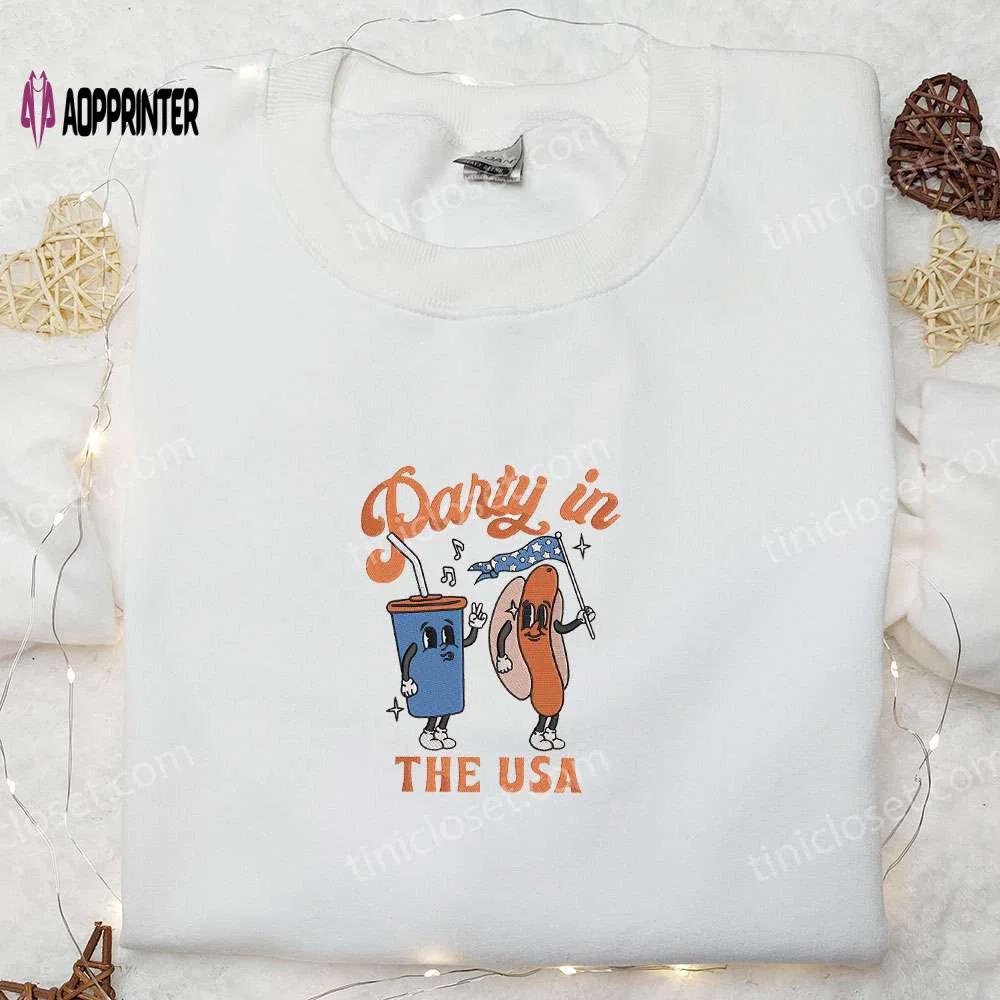 Usa food party embroidered shirt: funny hot dog lover gift for 4th of july & national day Embroidered Shirt