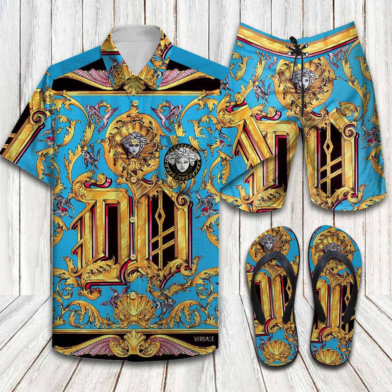 Versace barocco acanthus hawaiian shirt shorts and flip flops combo Hawaii Shirt Shorts & Flip Flops