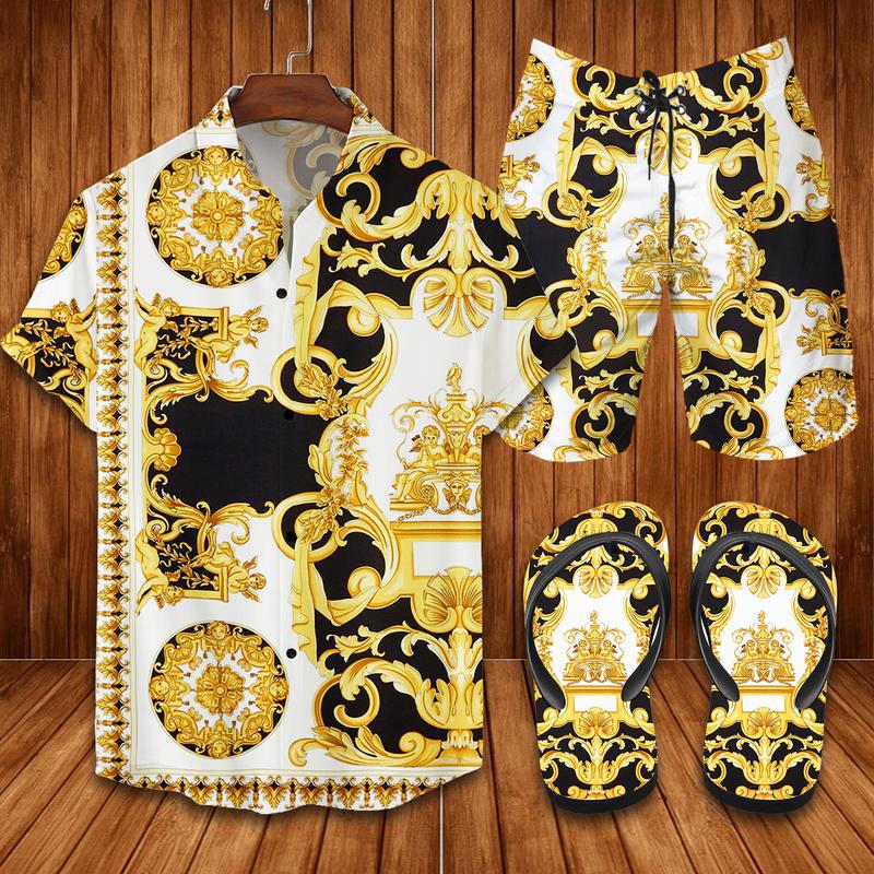 Versace flip flops and combo hawaii shirt shorts luxury brand summer outfit Hawaii Shirt Shorts & Flip Flops