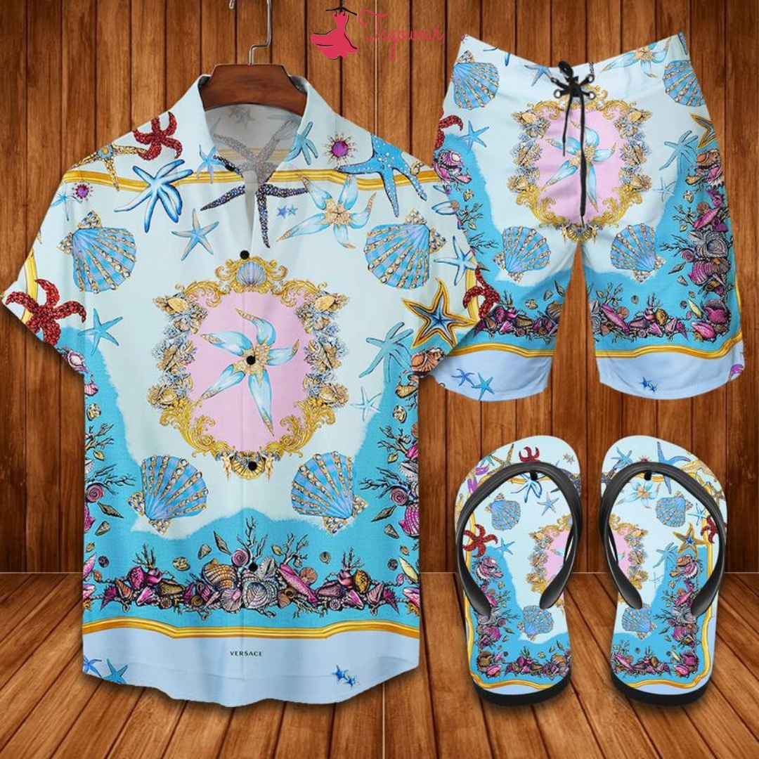 Versace flip flops and combo hawaiian shirt, beach shorts luxury summer clothes style #149 Hawaii Shirt Shorts & Flip Flops