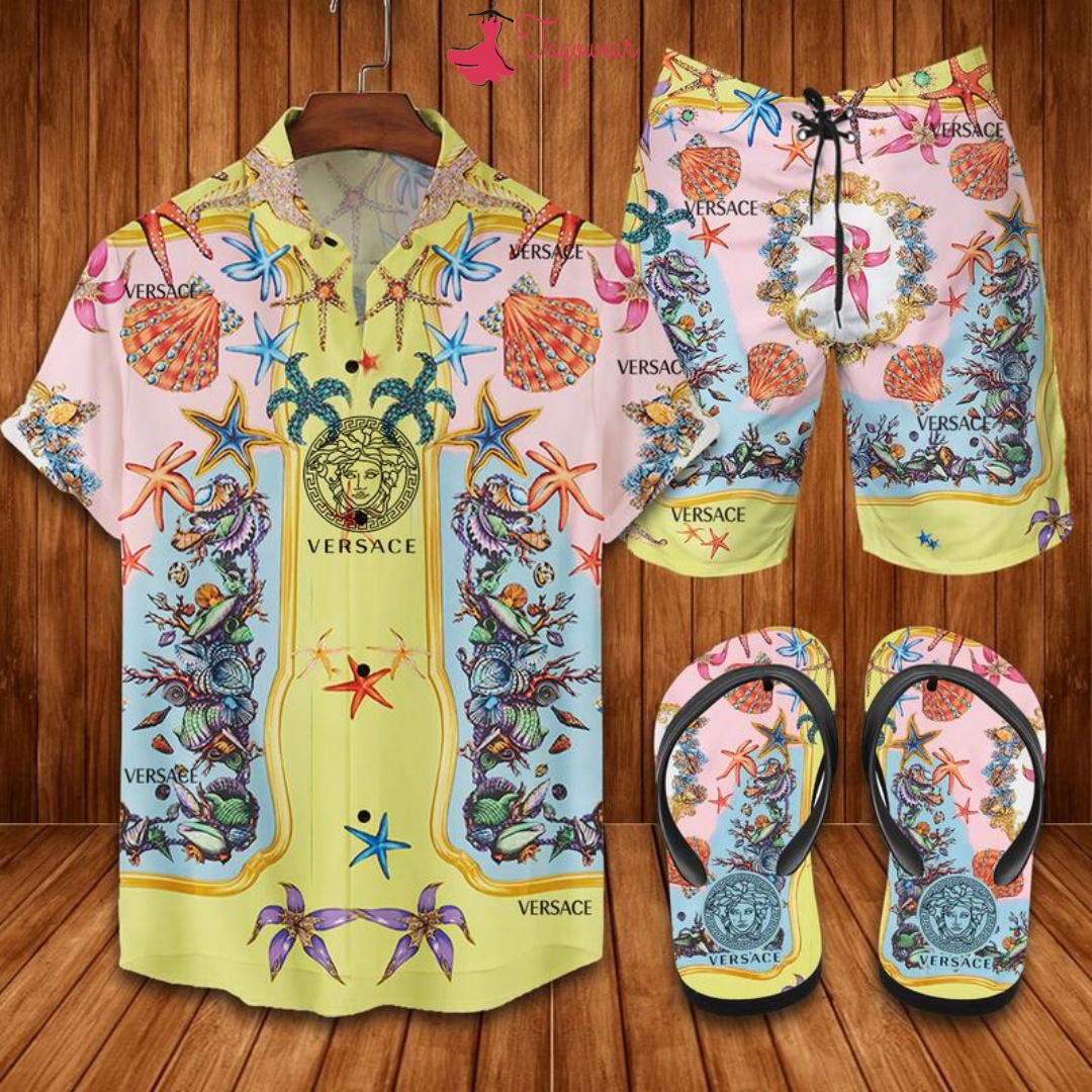 Versace flip flops and combo hawaiian shirt, beach shorts luxury summer clothes style #253 Hawaii Shirt Shorts & Flip Flops