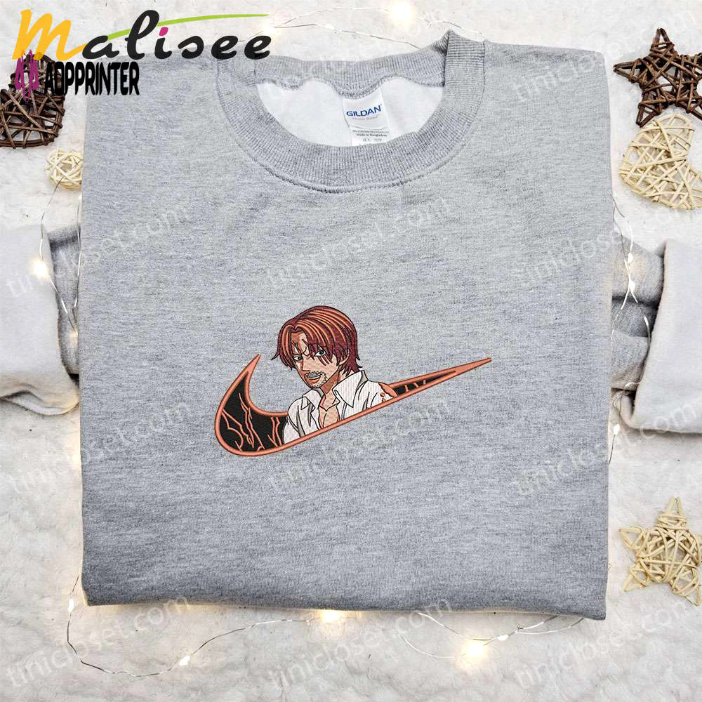 Anime embroidered hoodie: shanks x swoosh & one piece sweatshirt customizable design Embroidered Shirt