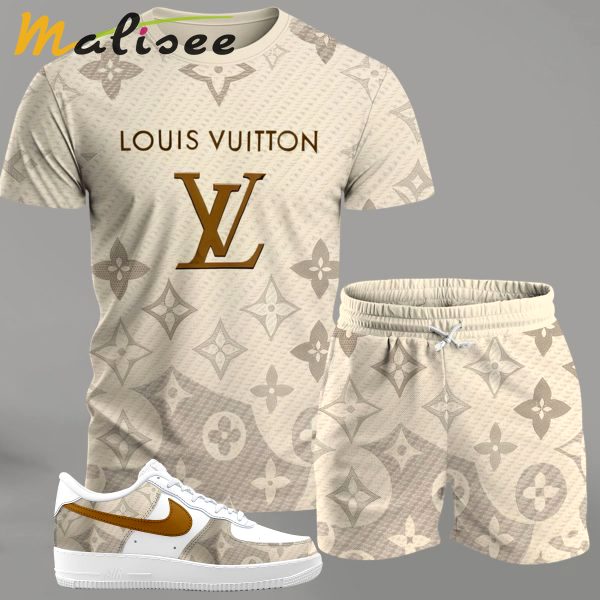 Beige monogram streetwear set for men, gradient pattern t-shirt and matching shorts with gold-accent sneakers T-Shirt Short Sneakers Set