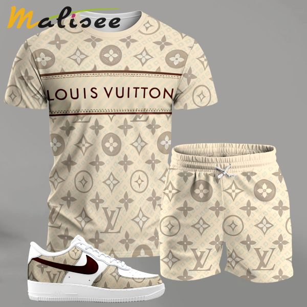Beige monogram streetwear set for men, stripe-logo t-shirt and matching shorts with red-accent sneakers T-Shirt Short Sneakers Set