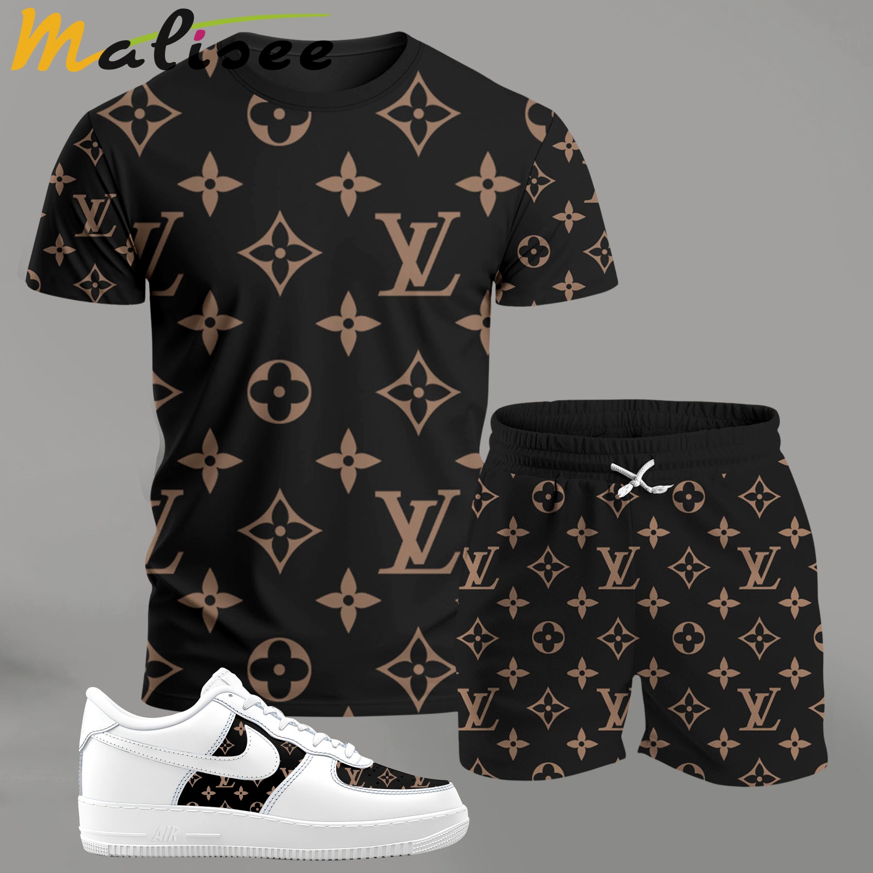 Black and brown monogram set for men, bold pattern streetwear t-shirt and shorts combo with matching sneakers T-Shirt Short Sneakers Set