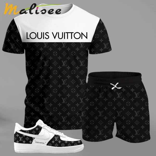 Black and white contrast streetwear set for men, split design t-shirt and monogram shorts with matching sneakers T-Shirt Short Sneakers Set