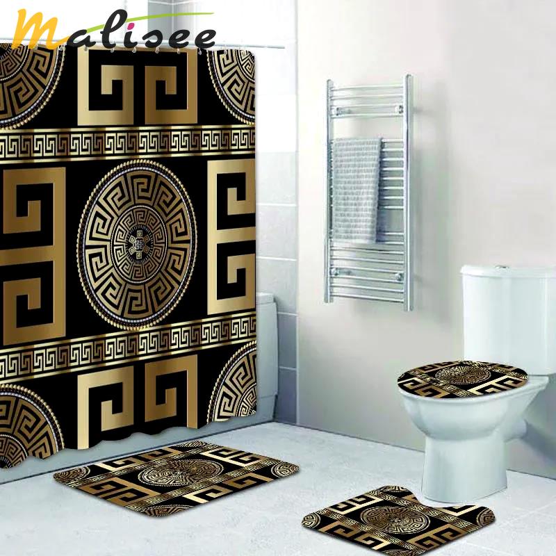 Black gold greek key meander bathroom sets hypebeast bath mat luxury fashion brand home decor Bathroom Set