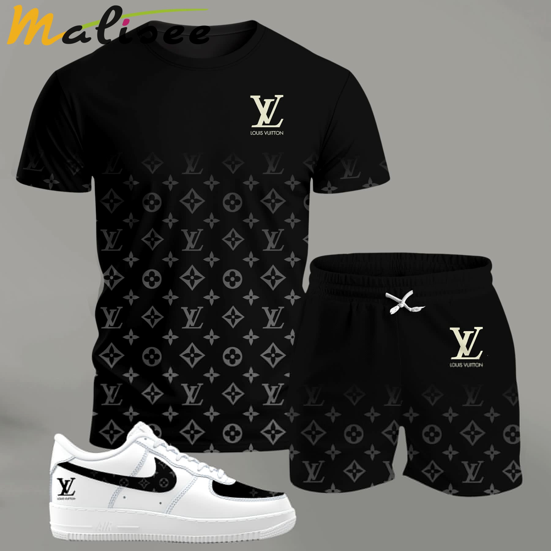 Black gradient monogram set for men, minimal luxury t-shirt and shorts combo with clean contrast sneakers T-Shirt Short Sneakers Set