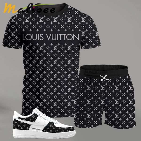 Black monogram streetwear set for men, all-over pattern t-shirt and shorts combo with white sneakers T-Shirt Short Sneakers Set