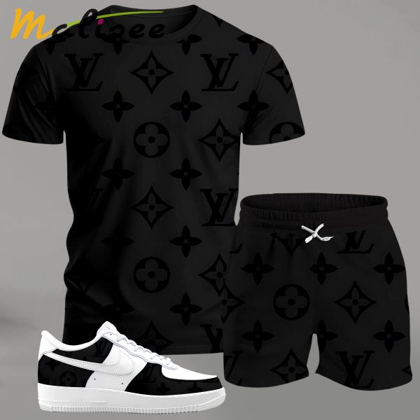 Black monogram streetwear set for men, minimalist all-over pattern t-shirt and shorts combo with white sneakers T-Shirt Short Sneakers Set