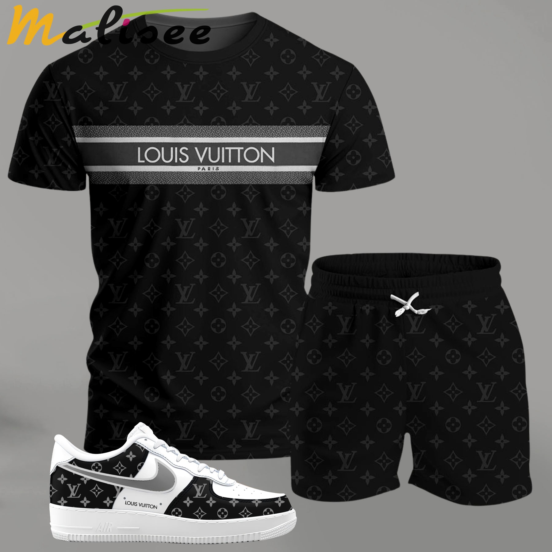 Black monogram stripe set for men, minimal patterned t-shirt and shorts combo with clean contrast sneakers T-Shirt Short Sneakers Set