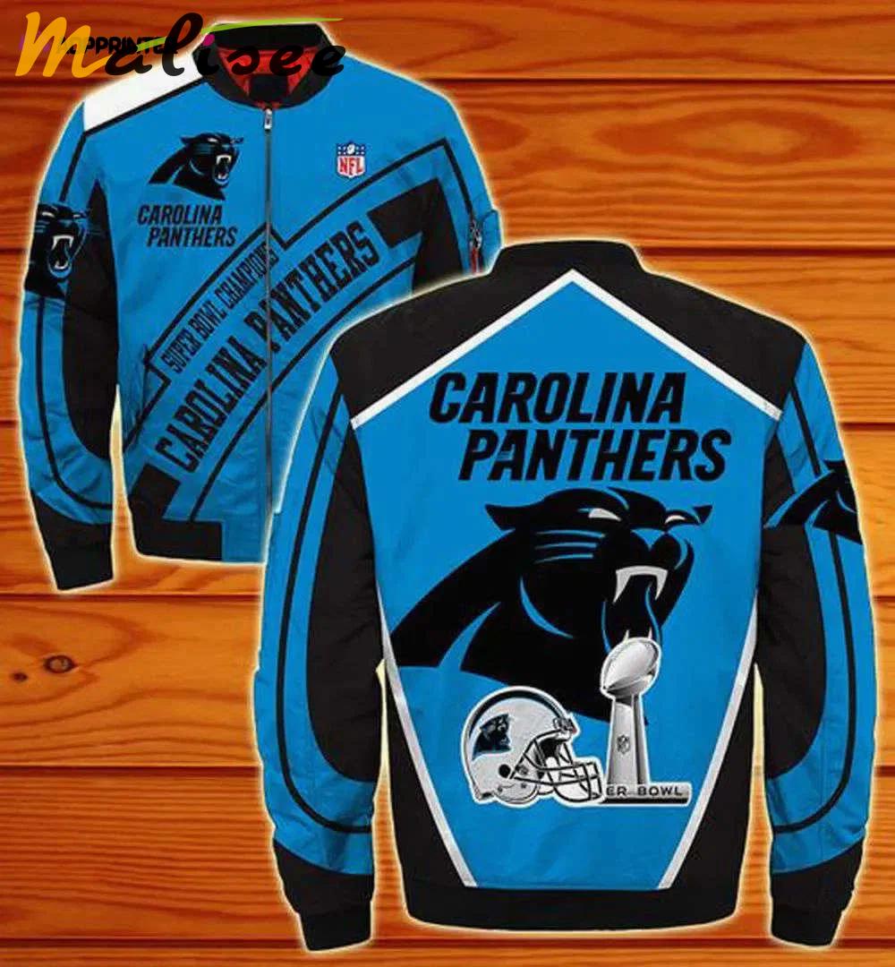Carolina panthers big logo and text pattern bomber jacket – blue black Bomber Jacket
