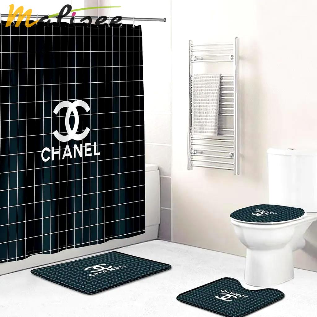 Chanel black and white strip bathroom set bath mat luxury fashion brand hypebeast home decor Bathroom Set
