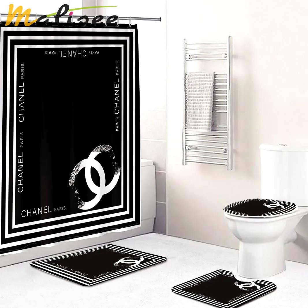 Chanel black and whitestripe bathroom set bath mat hypebeast luxury fashion brand home decor Bathroom Set