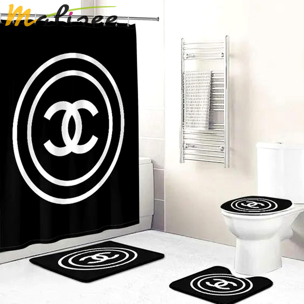 Chanel black white logo type 2038 Bathroom Accessory Sets Bath Mat Set Waterproof Shower Curtain Pedestal Rug Home Decor Luxury Fashion Brand Bathroom Sets Hypebeast Bathroom Toilet Cover