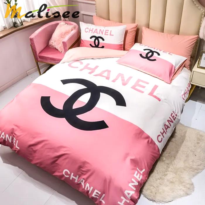 Chanel logo pink and white printed bedding sets sets duvet cover luxury brand bedding decor bedroom sets Bedding Sets