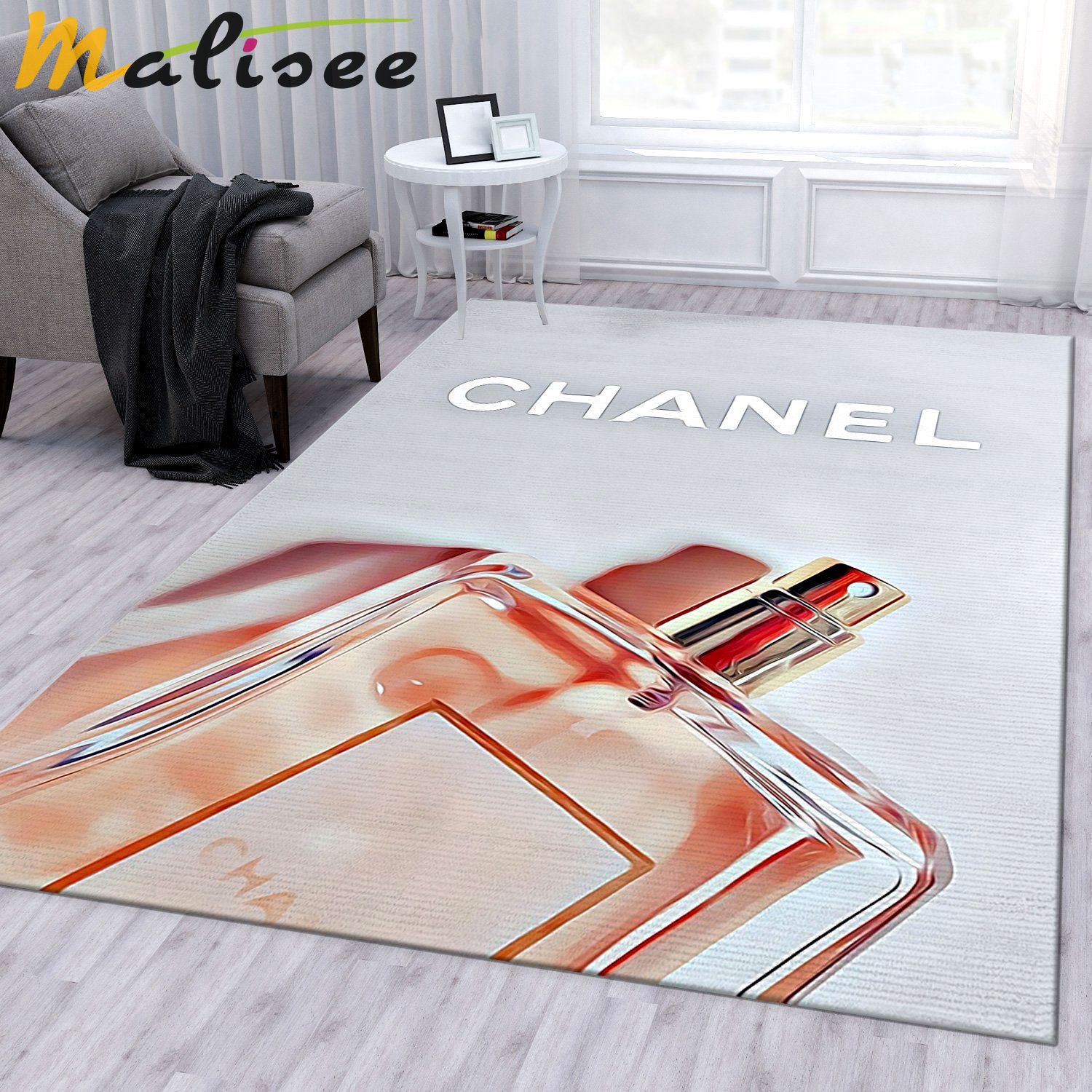 Chanel perfume art logo type 570. Upgrade Your Living Room with Luxury Home Decor: Area Carpets, Floor Decor, Door Mats, and Hot Gift Items with style a High-End Fashion Brand Rectangle Rug