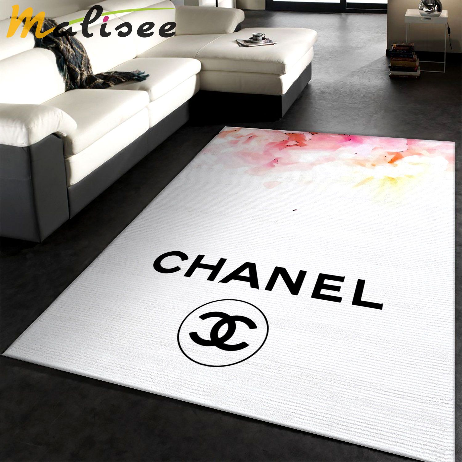 Chanel white logo type 568. Upgrade Your Living Room with Luxury Home Decor: Area Carpets, Floor Decor, Door Mats, and Hot Gift Items with style a High-End Fashion Brand Rectangle Rug