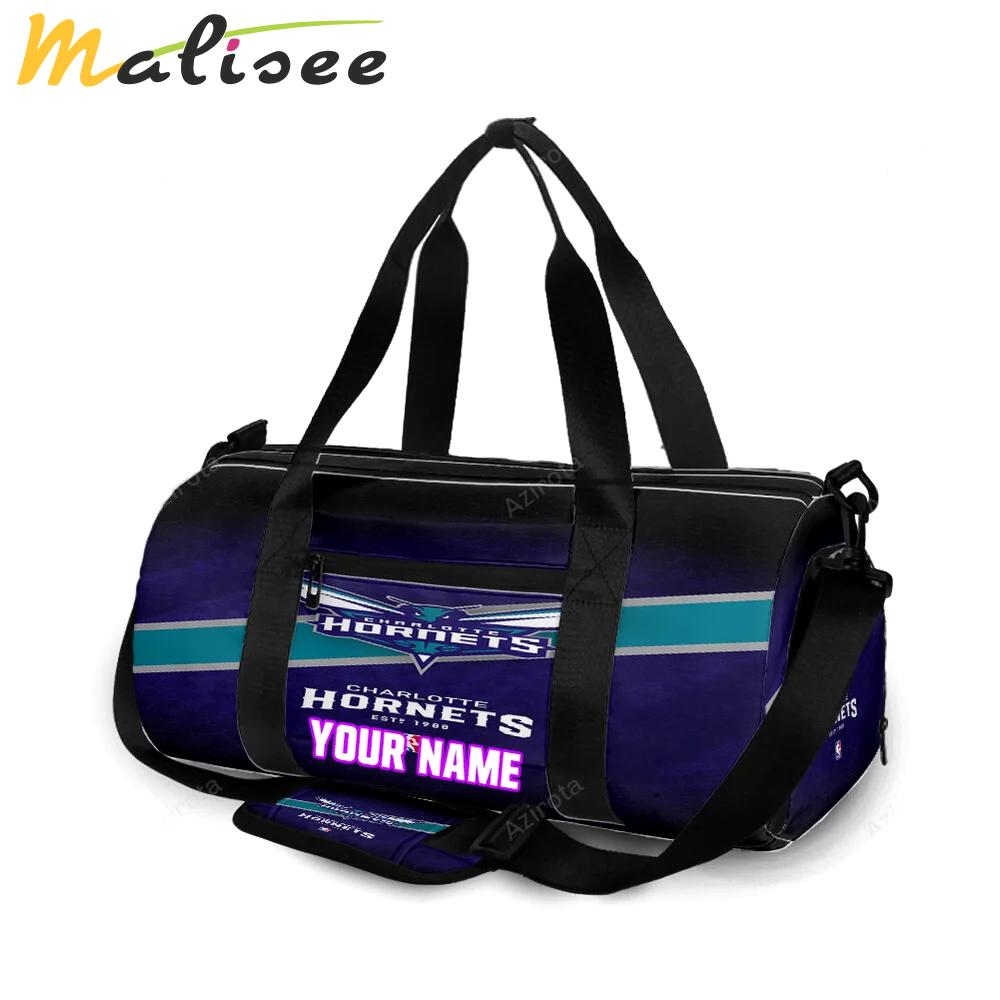 Charlotte hornets navy blue black personalized name travel bag gym bag 833 Travel Bag