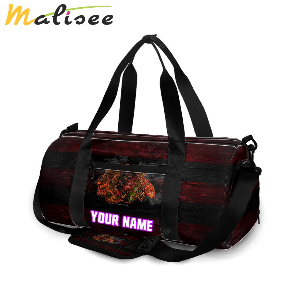 Chicago blackhawks emblem wood burning personalized name travel bag gym bag 320 Travel Bag