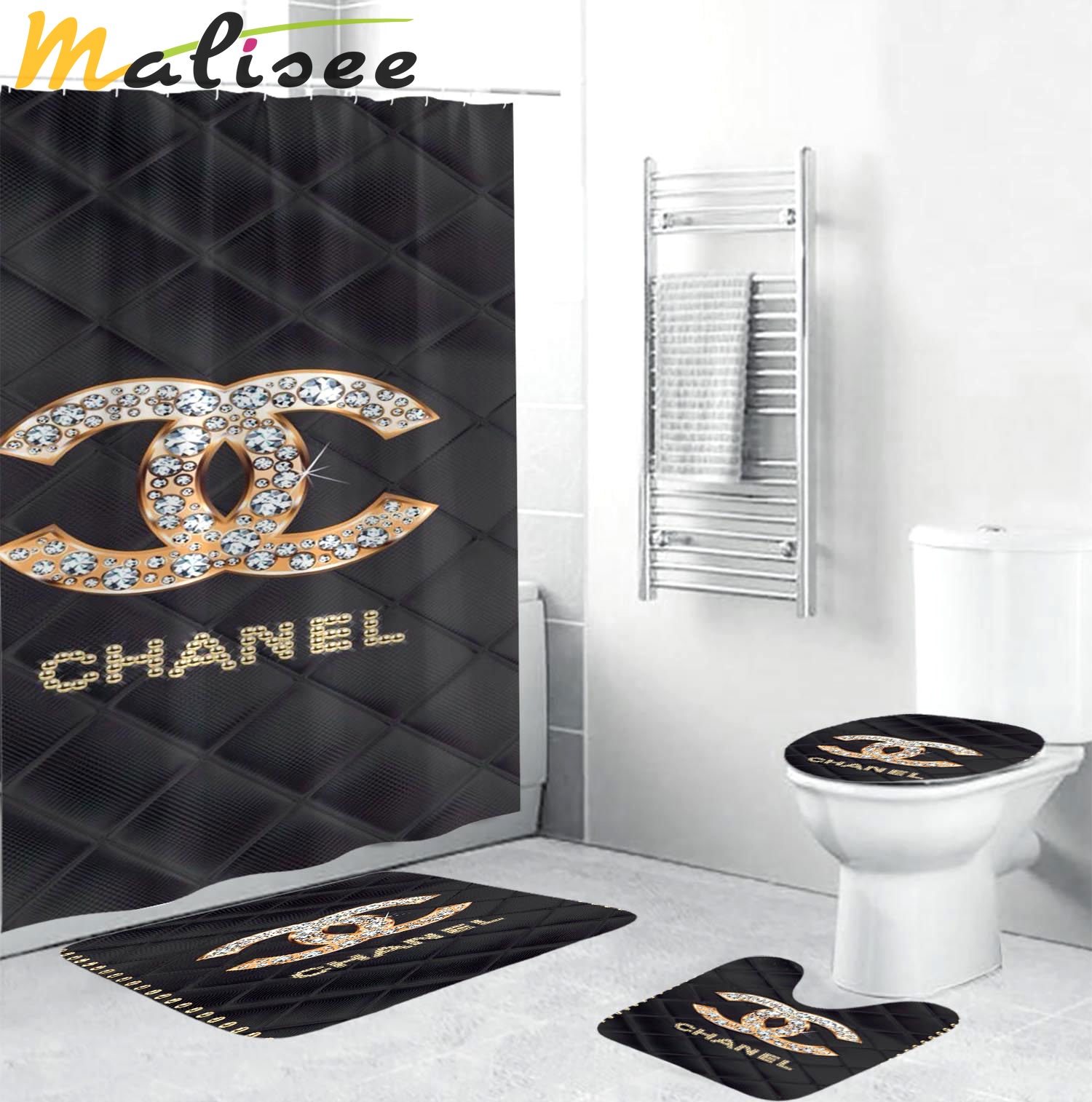 Coco chanel goldenwith full of diamonds in argyle background bathroom sets bath mat luxury fashion brand hypebeast home decor Bathroom Set