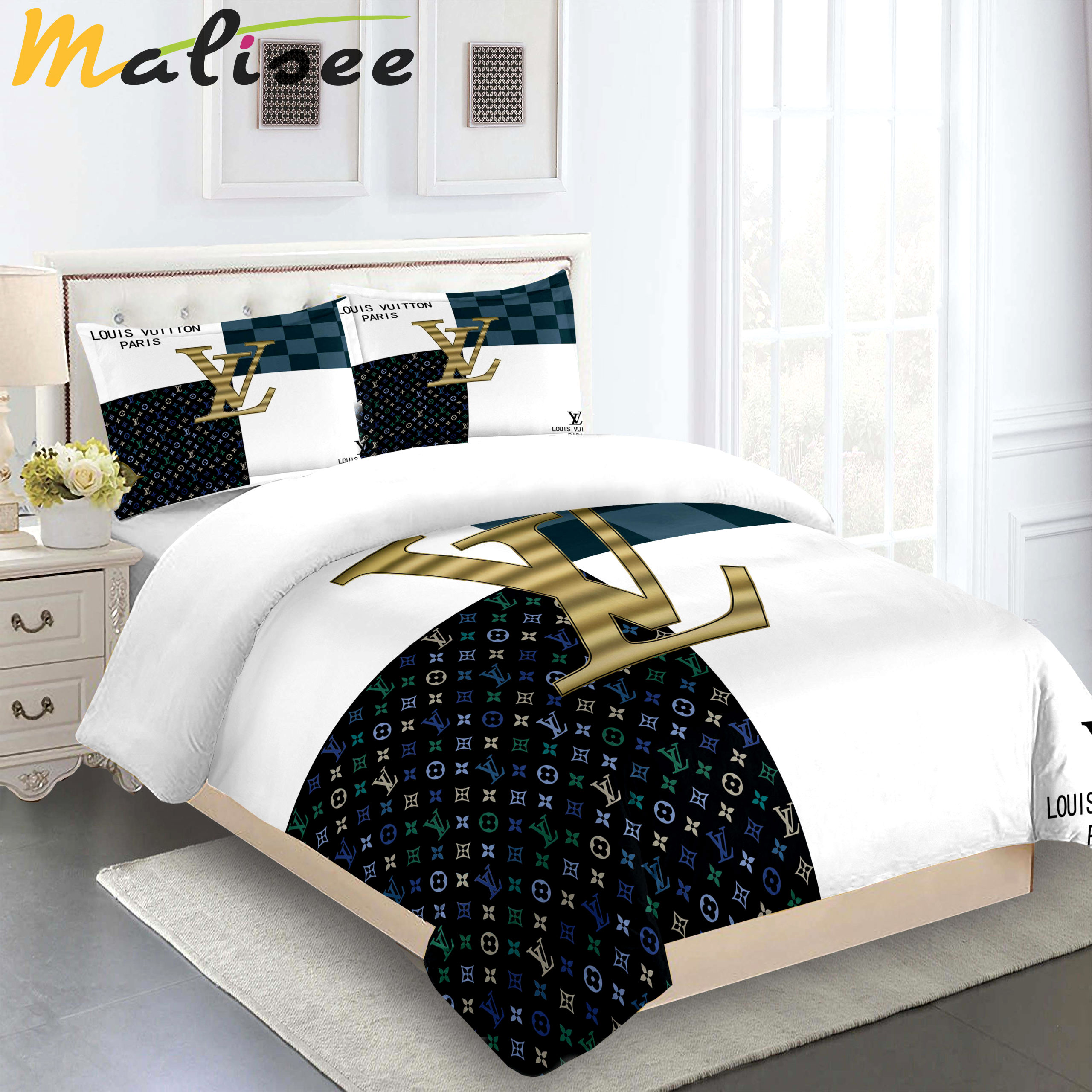 Comforter sets golden with black gold logo louis vuitton bedding set  home decoration Bedding Sets