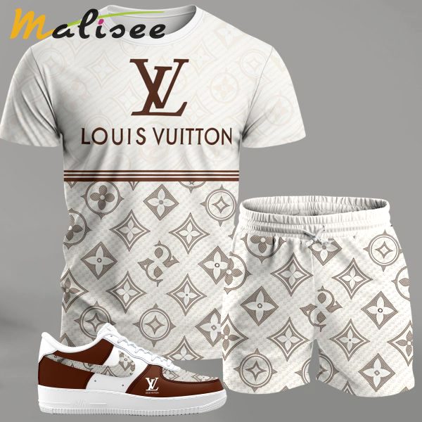 Cream monogram streetwear set for men, logo-print t-shirt and matching shorts with brown accent sneakers T-Shirt Short Sneakers Set
