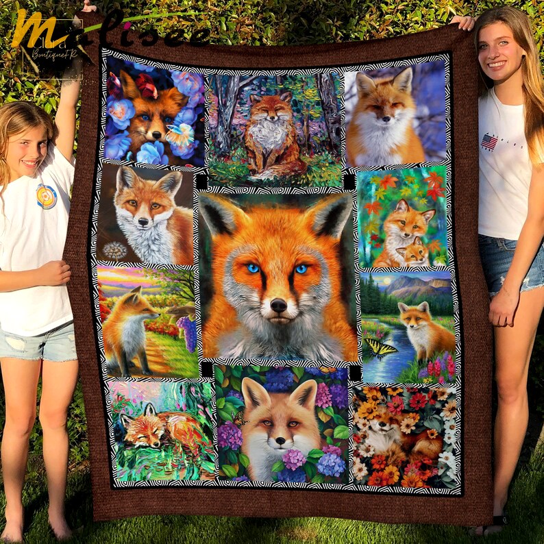 Cute fox animals collage fleece blanket, mink sherpa blanket, fox blanket, fox lover gift, animals lovers gift, wildlife blanket Quilt Blanket