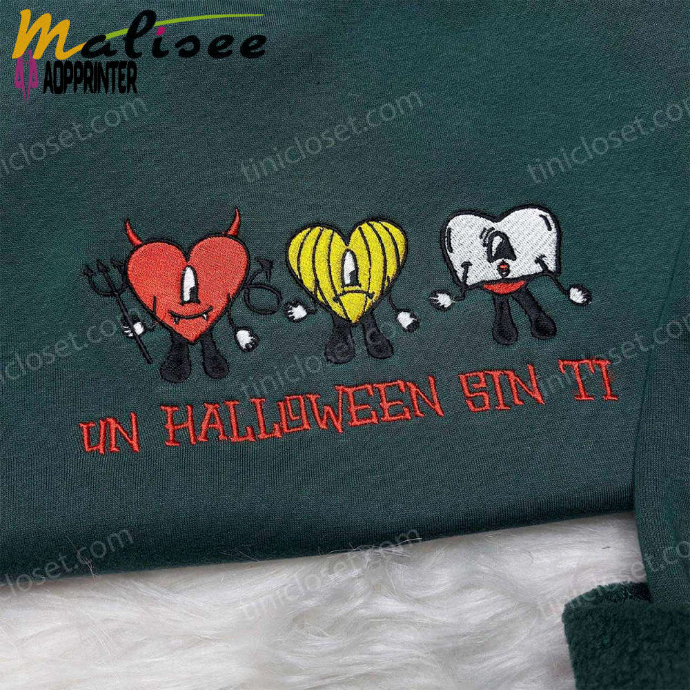 Cute little bad bunny shirt: un halloween sin ti embroidered – cool halloween shirts Embroidered Shirt