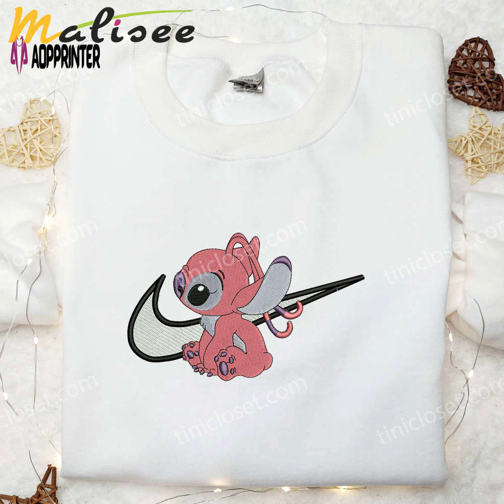 Disney lilo & stitch angel nike swoosh embroidered shirt – family nike inspired shirts Embroidered Shirt