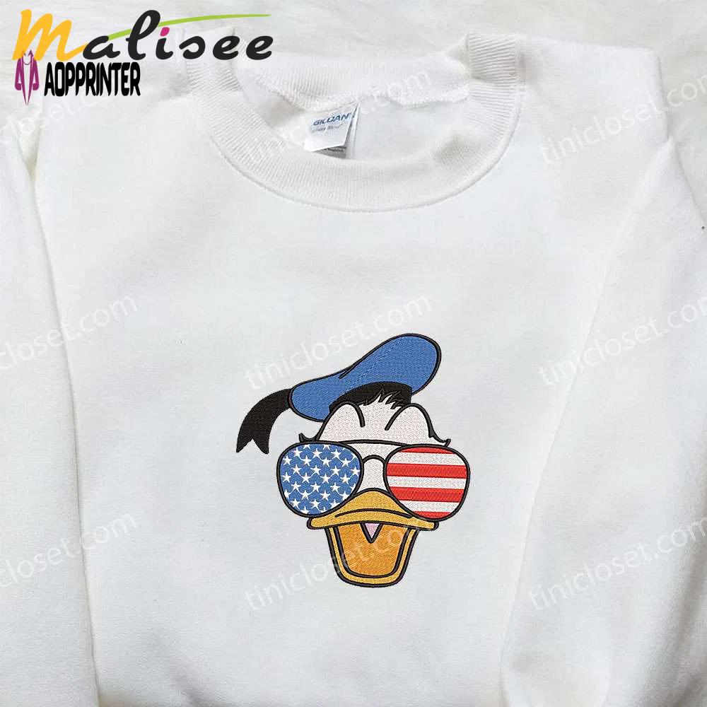 Donald duck embroidered shirt with american glasses – perfect disney national day gift Embroidered Shirt