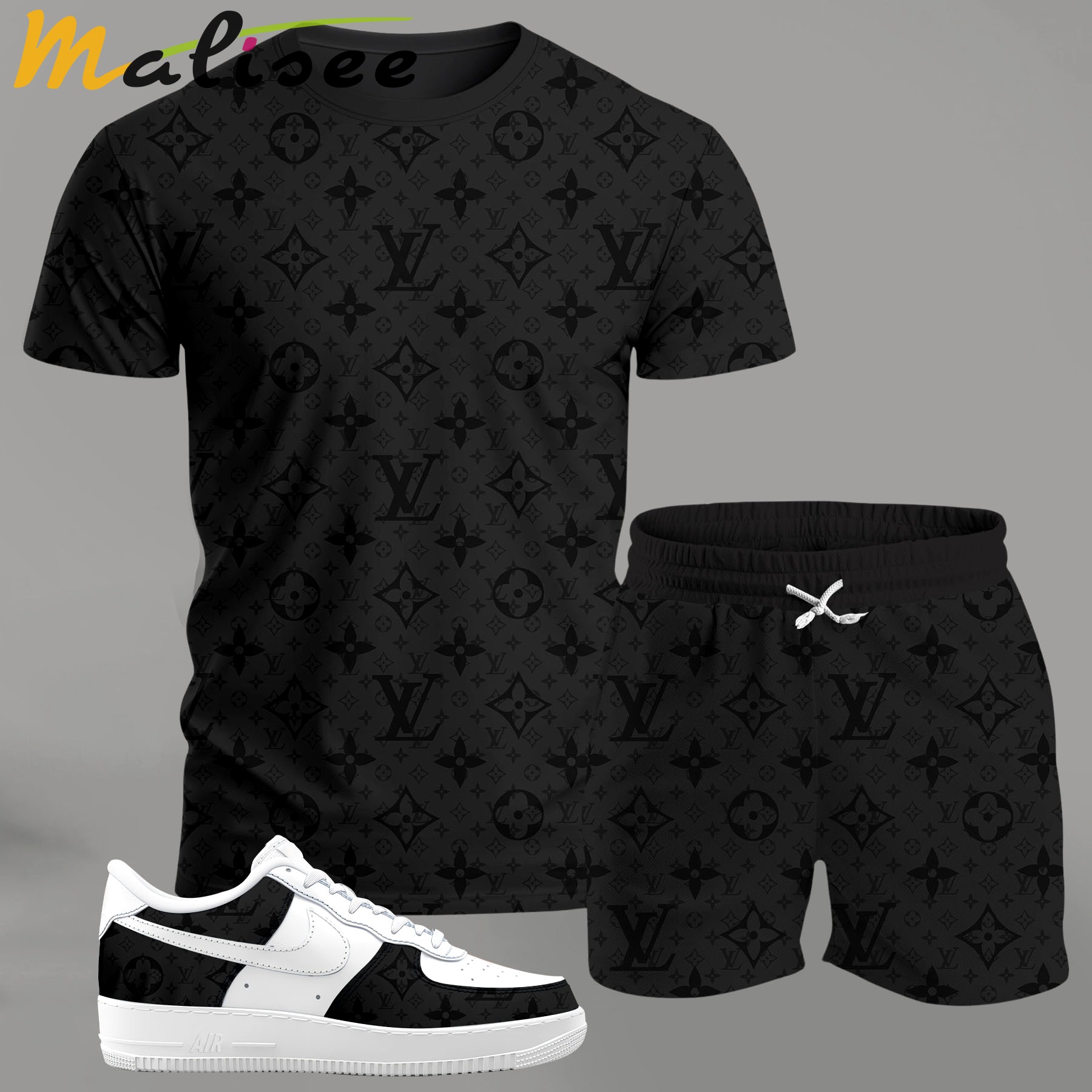 For the girls who love all-black minimal vibes, monogram graphic tee outfit t-shirt – dark tonal pattern | clean girl aesthetic outfit ideas T-Shirt Short Sneakers Set