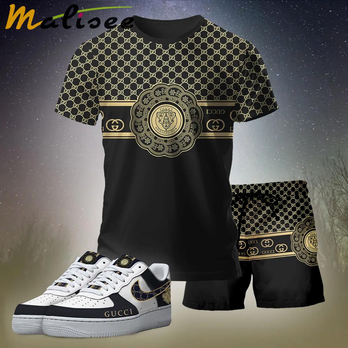 For the girls who love bold luxe black fits, minimal gold graphic tee outfit t-shirt – black monogram print | clean girl aesthetic outfit ideas T-Shirt Short Sneakers Set